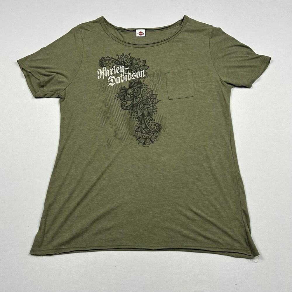 Y2K Harley Davidson Olive Geeen Short Sleeve Pocket Tee